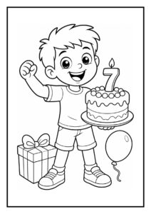 Vrolijke jongen die een grote 7-kaars uitblaast op zijn verjaardagstaart