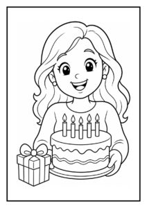 Kleurplaat van een meisje met een verjaardagstaart en cadeau, feestelijk bezig met het maken van een wens en ballonnen blazen