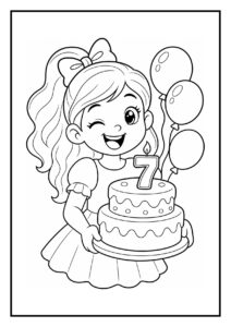 Meisje met een grote verjaardagstaart met een kaars in de vorm van het cijfer zeven en drie ballonnen