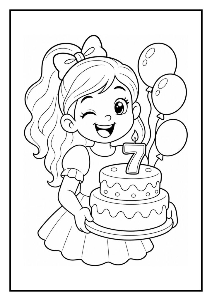Meisje met een grote verjaardagstaart met een kaars in de vorm van het cijfer zeven en drie ballonnen