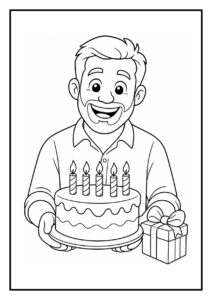 Kleurplaat van een man die een verjaardagstaart met vijf kaarsjes en een cadeau vasthoudt bij de deur.