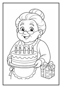 Kleurplaat van een oude vrouw die een verjaardagstaart en een cadeau vasthoudt met een vrolijke uitstraling.