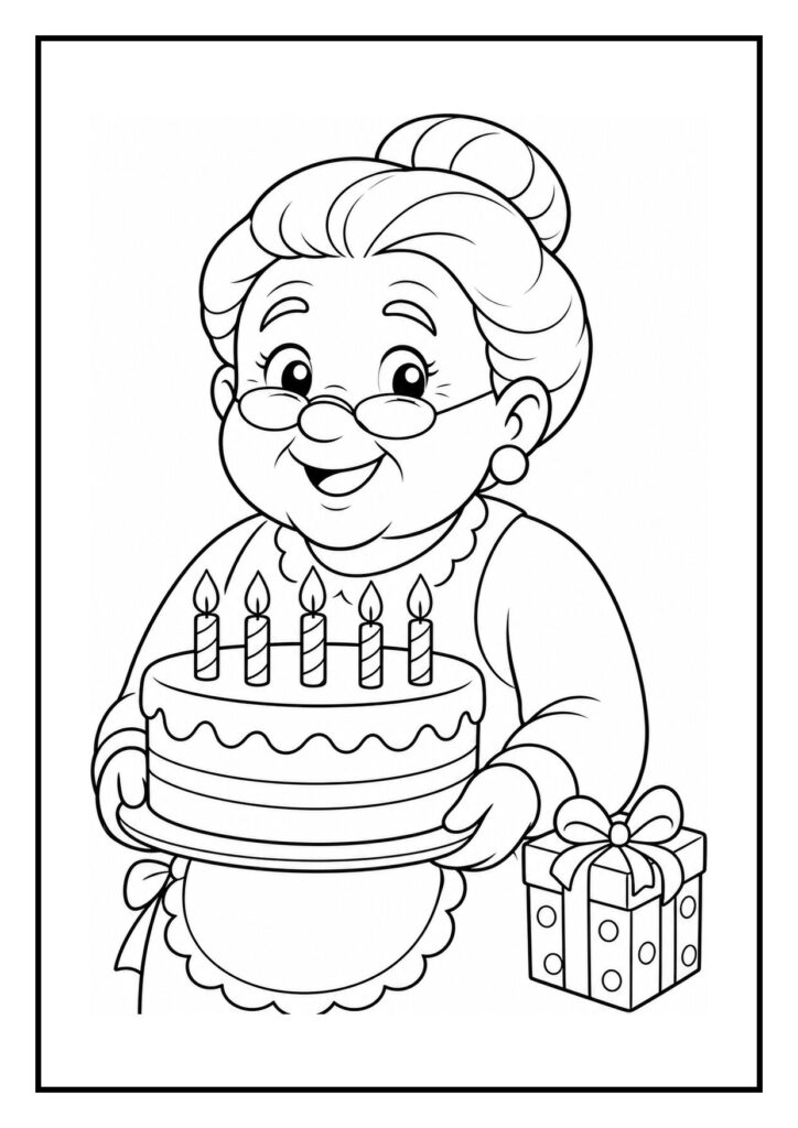 Kleurplaat van een oude vrouw die een verjaardagstaart en een cadeau vasthoudt met een vrolijke uitstraling.