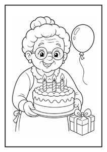 Kleurplaat van een oude vrouw met bril die een verjaardagstaart met drie kaarsjes vasthoudt, met een ballon en cadeau naast haar