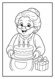 Vrolijke oma met een verjaardagstaart en cadeau die luistert naar het verjaardagslied, kleurplaat voor kinderen