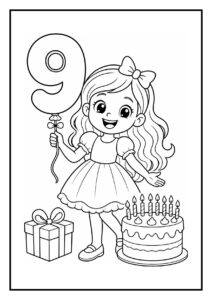 Kleurplaat van een vrolijk meisje met een ballon in de vorm van een 9, een verjaardagstaart met negen kaarsjes en een cadeautje.