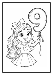 Kleurplaat van een vrolijk meisje dat een verjaardagstaart met kaarsje en een ballon in de vorm van het cijfer 9 vasthoudt.
