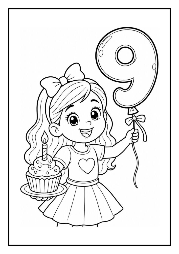 Kleurplaat van een vrolijk meisje dat een verjaardagstaart met kaarsje en een ballon in de vorm van het cijfer 9 vasthoudt.