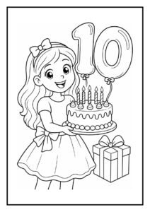 Kleurplaat van een meisje dat een verjaardagstaart met kaarsjes en ballonnen vasthoudt, geschikt voor kinderen.