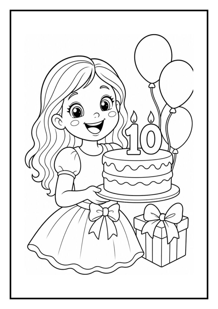 Meisje met een feestelijke verjaardagstaart en ballonnen houdt een taart vast met kaarsjes in de vorm van het cijfer 10