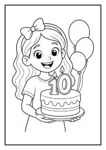 Kleurplaat van een meisje dat een verjaardagstaart vasthoudt met kaarsjes in de vorm van het cijfer 10 en ballonnen op de achtergrond