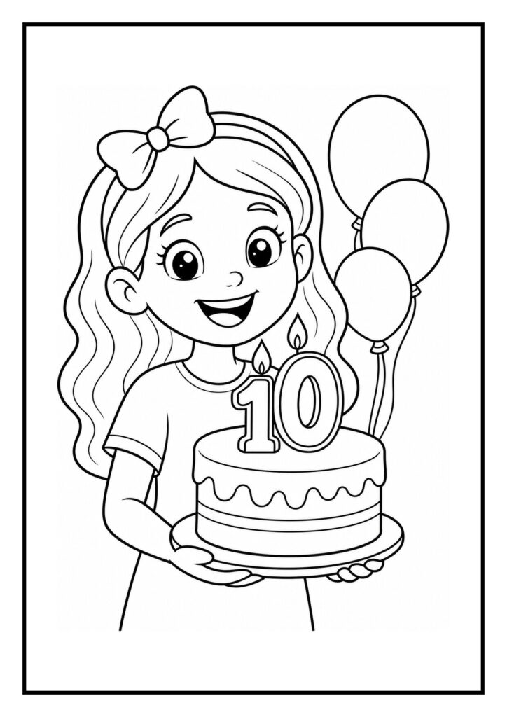 Kleurplaat van een meisje dat een verjaardagstaart vasthoudt met kaarsjes in de vorm van het cijfer 10 en ballonnen op de achtergrond