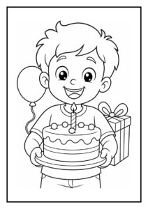 Kleurplaat van een lachende jongen die een verjaardagstaart vasthoudt met één brandende kaars, met een ballon en een cadeau op de achtergrond.