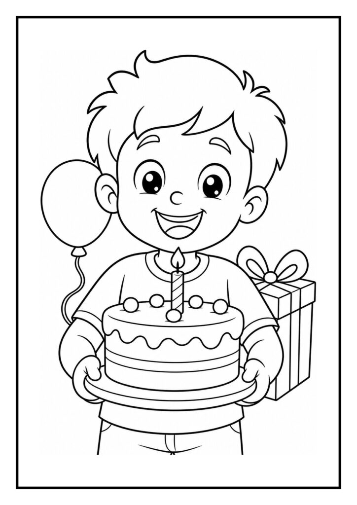Kleurplaat van een lachende jongen die een verjaardagstaart vasthoudt met één brandende kaars, met een ballon en een cadeau op de achtergrond.