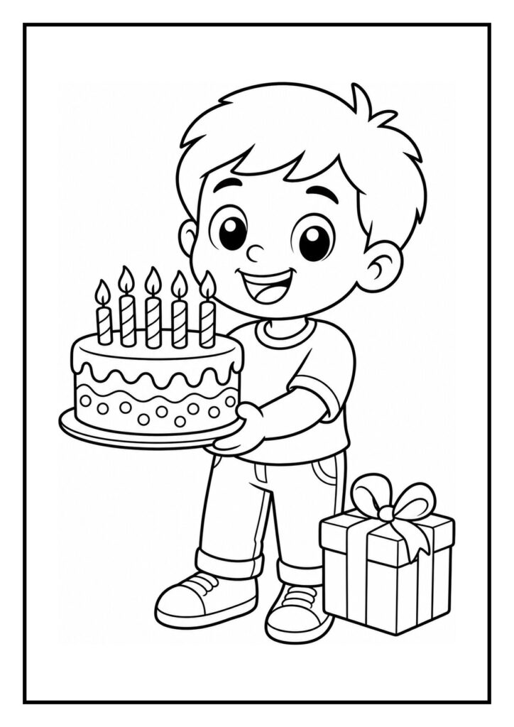 Kleurplaat van een jongen die een feesttoeter blaast naast een verjaardagstaart met vijf kaarsjes en een cadeau.