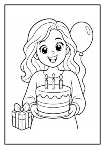 Vrolijke kleurplaat van een meisje dat een verjaardagstaart met drie kaarsjes vasthoudt, met een ballon en een cadeau op de achtergrond.