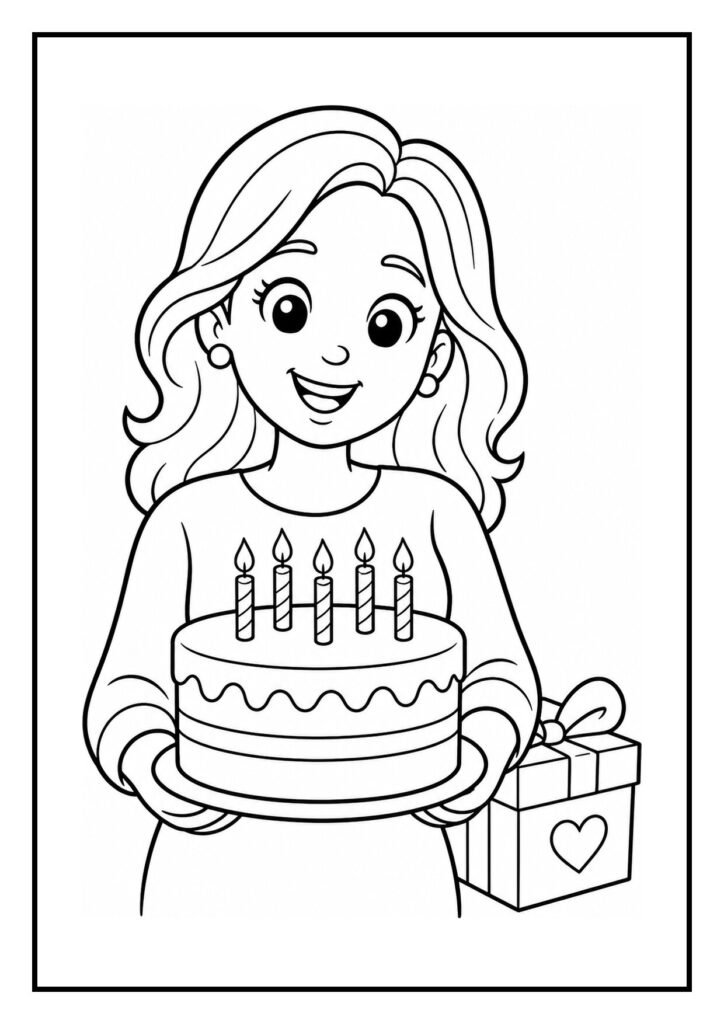 Kleurplaat van een vrouw die blij een verjaardagstaart met vijf kaarsjes vasthoudt, met een cadeau en ballonnen op de achtergrond.