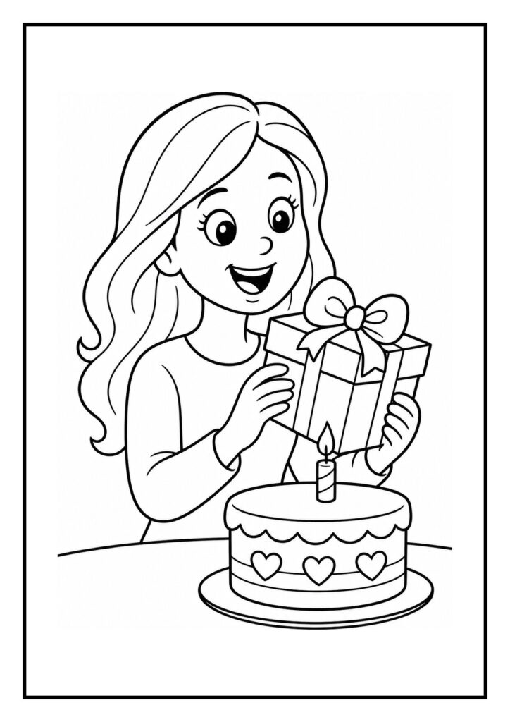 Kleurplaat van een meisje dat blij zingt met een cadeau en een verjaardagstaart met kaars