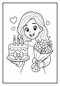 Een kleurplaat van een meisje dat blij een verjaardagstaart met drie kaarsjes en een boeket bloemen vasthoudt