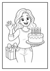 Vrouw met een verjaardagstaart met vijf kaarsen en een cadeau op de achtergrond, vrolijk lachend en zwaaiend