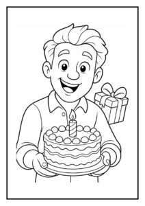 Een vrolijke man die de kaarsen uitblaast op een verjaardagstaart met een cadeau op de achtergrond