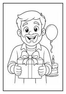 Leuke kleurplaat van een vrolijke man die een cadeau vasthoudt met een ballon en verjaardagstaart op de achtergrond