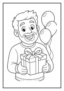 Kleurplaat van een man die een cadeau vasthoudt met ballonnen op de achtergrond in een feestelijke sfeer