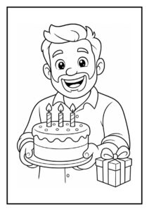 Een vrolijke man die een verjaardagstaart met drie kaarsjes en een cadeau vasthoudt tijdens een feestelijke viering.