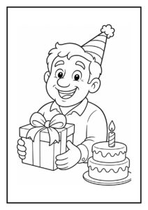 Kleurplaat van een lachende jongen met een feesthoedje die een cadeau vasthoudt naast een verjaardagstaart met een kaars.