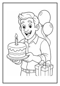 Man die vrolijk een verjaardagstaart met een kaars vasthoudt met ballonnen en een cadeautje op de achtergrond.