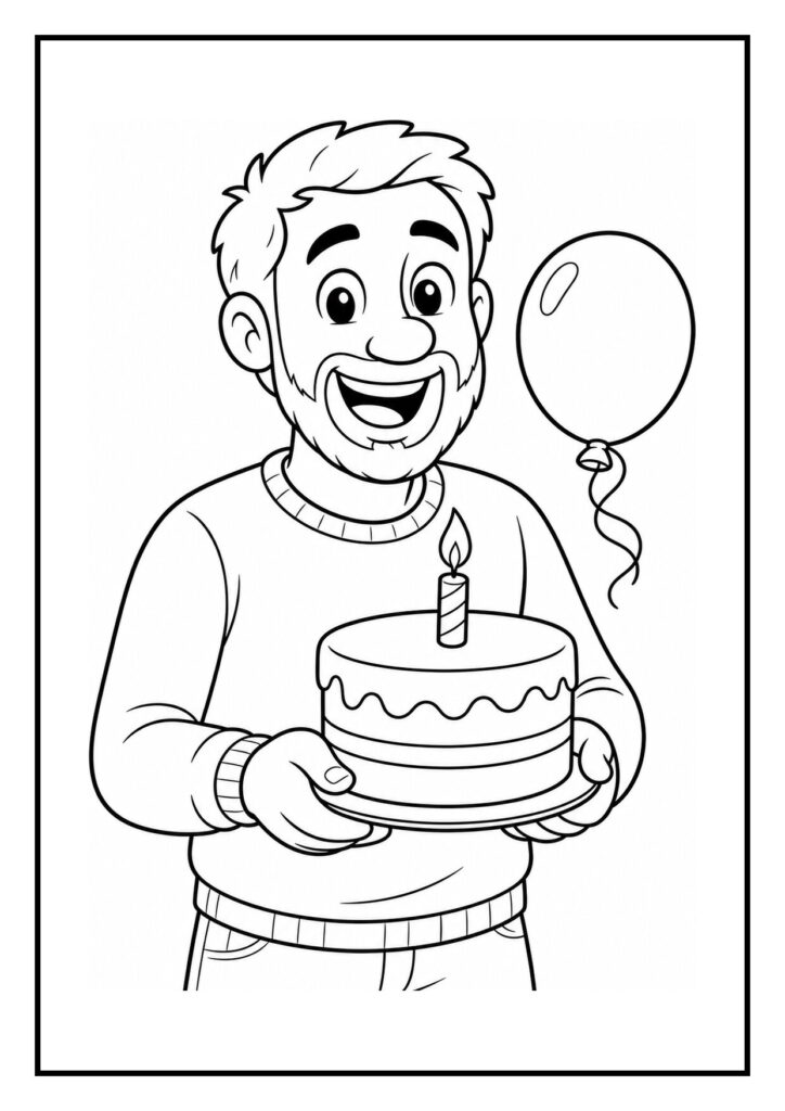 Kleurplaat van een lachende man met een verjaardagstaart met een kaars en een ballon in een feestelijke setting