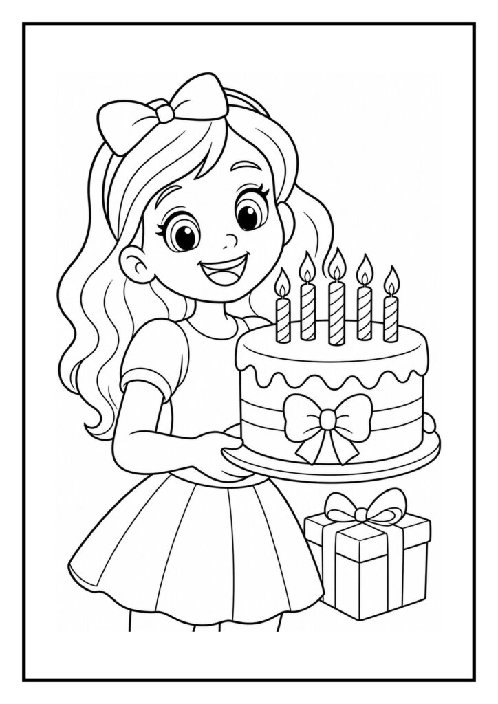 Kleurplaat van een meisje dat een verjaardagstaart met kaarsjes en een cadeau vasthoudt, met ballonnen boven de tafel.