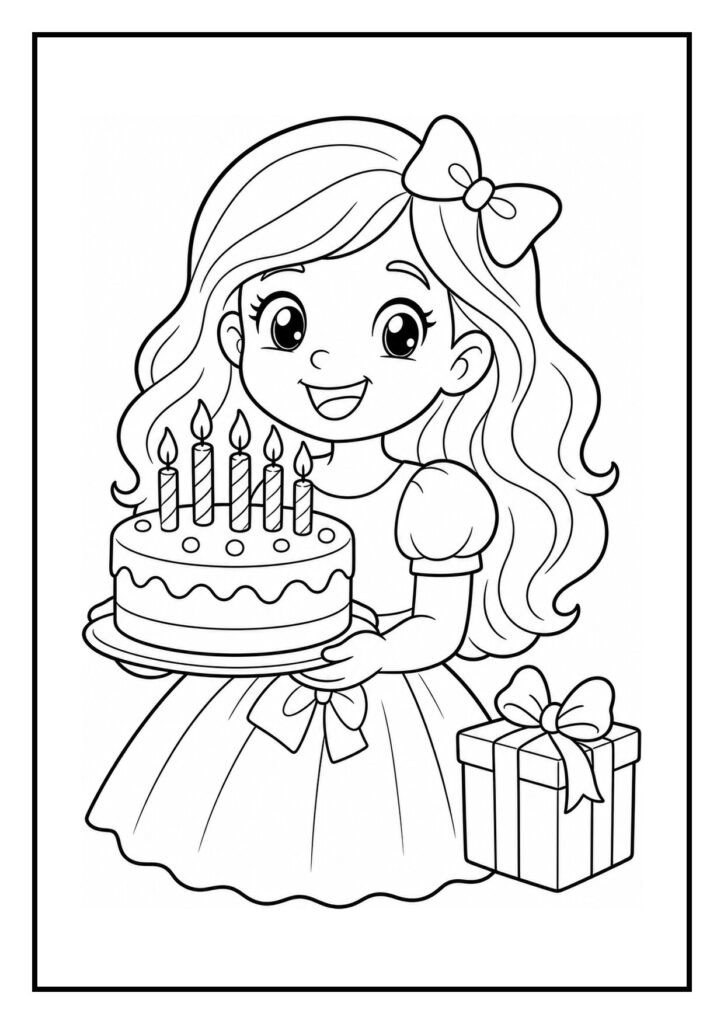 Kleurplaat van een meisje met lang haar en strik, die een verjaardagstaart met vijf kaarsjes vasthoudt en een cadeautje naast zich heeft onder een ballonboog.