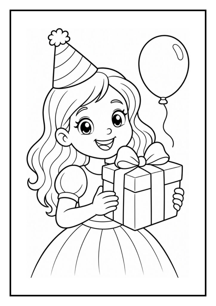 Kleurplaat van een vrolijk meisje met feesthoedje dat een cadeau vasthoudt en een ballon op de achtergrond