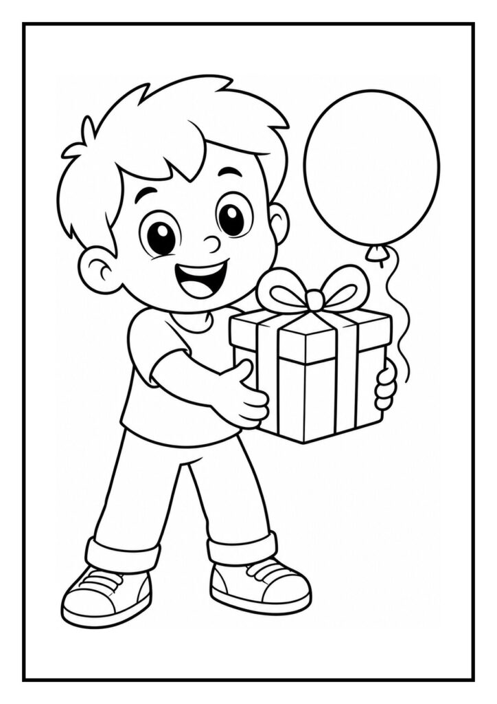 Kleurplaat van een vrolijk jongetje dat een cadeau en een ballon vasthoudt met een feesthoed op