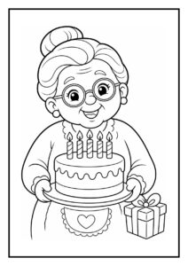 Kleurplaat van een oudere vrouw met een verjaardagstaart met vijf kaarsjes en een cadeau naast haar tijdens een ballonregen