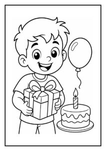 Kleurplaat van een vrolijke jongen die een cadeau vasthoudt met een verjaardagstaart en een ballon ernaast.