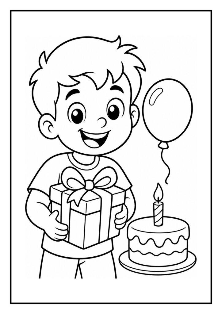 Kleurplaat van een vrolijke jongen die een cadeau vasthoudt met een verjaardagstaart en een ballon ernaast.