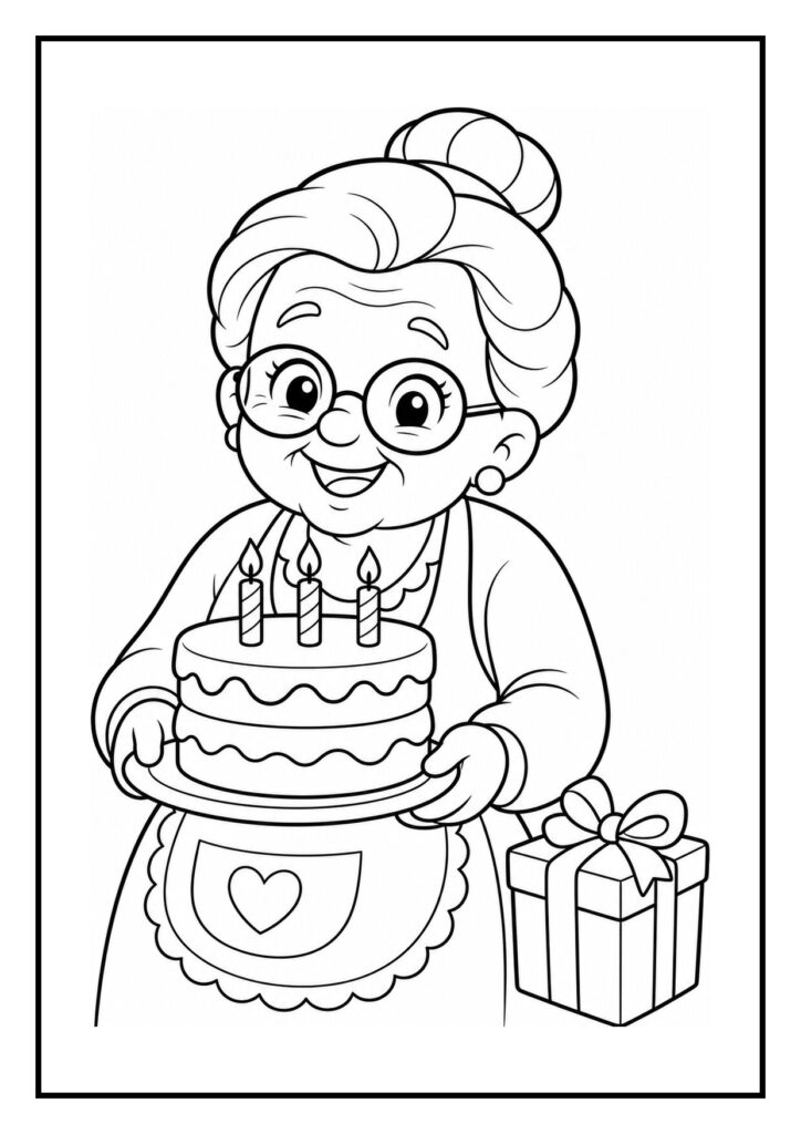 Een kleurplaat van een lachende oude vrouw die een verjaardagstaart met drie kaarsjes aansnijdt en een cadeautje naast haar heeft