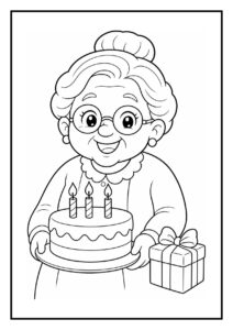Kleurplaat van een vrolijke oude vrouw met een verjaardagstaart met drie kaarsjes en een cadeau.