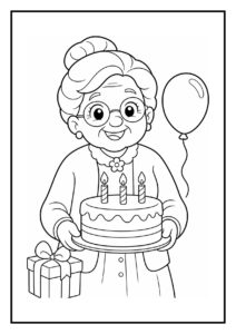 Kleurplaat van een senior vrouw die een verjaardagstaart met drie kaarsjes vasthoudt, omringd door ballonnen en een cadeau