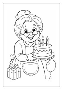 Kleurplaat van een lieve oude vrouw die een verjaardagstaart vasthoudt met drie kaarsjes, met cadeau en ballon naast haar in een feestelijke sfeer.