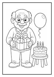 Kleurplaat van een vrolijke oude man die een cadeau vasthoudt naast een verjaardagstaart met kaarsen en een ballon
