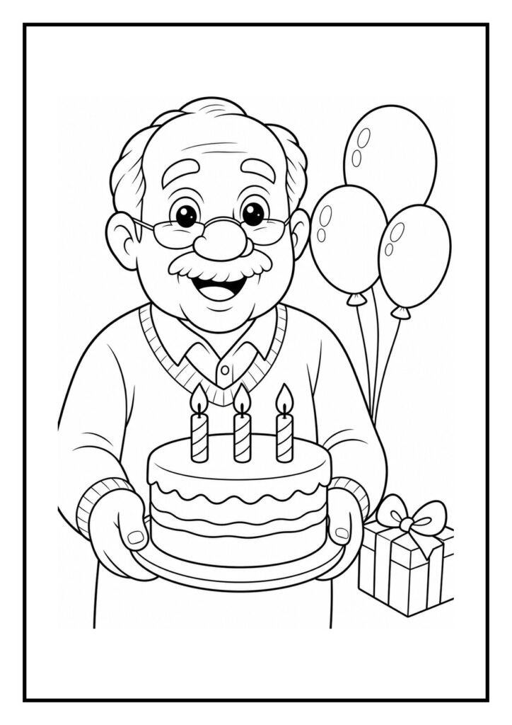 Kleurplaat van een oudere man die een verjaardagstaart met kaarsjes vasthoudt, met ballonnen en een cadeau op de achtergrond.