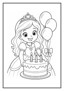 Vrolijk meisje blaast kaarsen uit op verjaardagstaart met ballonnen op de achtergrond