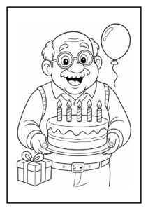Kleurplaat van een lachende oude man die een verjaardagstaart met kaarsen vasthoudt, omringd door een ballon en een cadeau