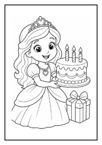 Kleurplaat van een meisje met prinsessenkroon dat een verjaardagstaart met drie kaarsjes en een cadeau vasthoudt.