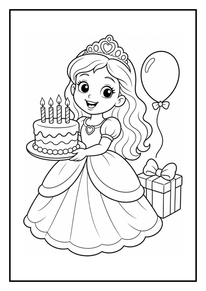 Kleurplaat van een prinses die een verjaardagstaart vasthoudt met een ballon en cadeau op de achtergrond in een feestelijke setting