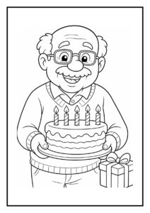 Een kleurplaat van een lachende oude man met een verjaardagstaart met vijf kaarsjes en een cadeau naast zich