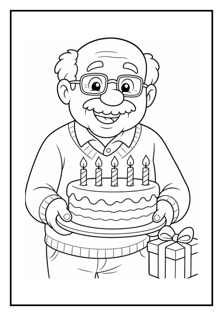 Een kleurplaat van een lachende oude man met een verjaardagstaart met vijf kaarsjes en een cadeau naast zich
